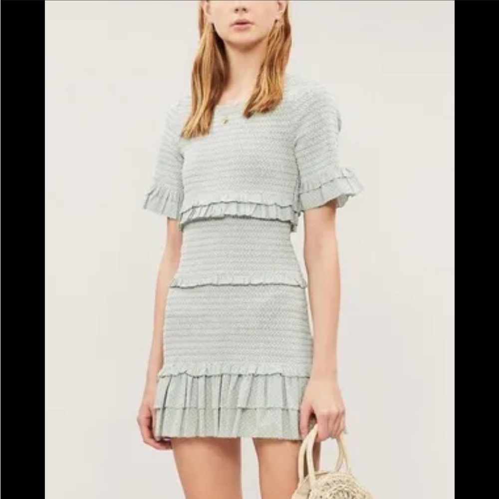 LoveShackFancy Aveline Ruffled Dress Printed Smocked Bell Sleeve Green